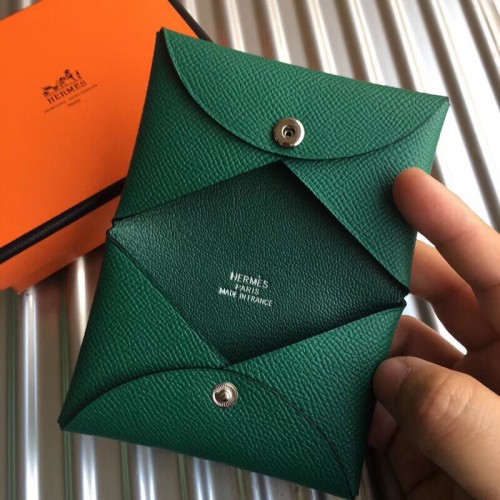 Hermes Calvi Card Holder Epsom Leather Gold Hardware In Green