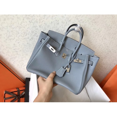 Hermes Blue Lin Clemence Birkin 25cm Handmade Bag