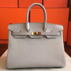 Hermes Pearl Grey Clemence Birkin 35cm Handmade Bag