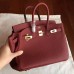 Hermes Bordeaux Clemence Birkin 25cm Handmade Bag