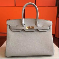 Hermes Pearl Grey Clemence Birkin 35cm Handmade Bag