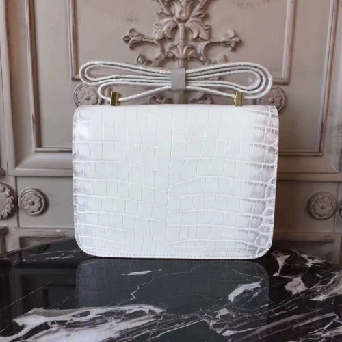 Replica Hermes White Constance MM 24cm Crocodile Bag