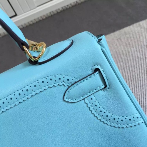 Hermes Limited Edition Blue de Galice Grain d'H & Swift Leather Ghillies  Kelly Bag