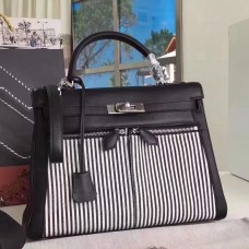 Hermes Black Kelly Lakis 32cm Toile and Swift Bag