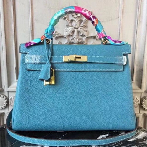 Hermes Kelly 35cm Blue Jean Clemence PHW - Preloved - Lilac Blue