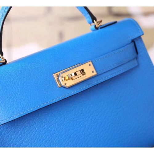 Hermes Blue Hydra Chevre Kelly Mini II 20cm Handmade Bag