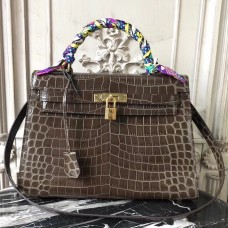 Hermes Kelly 32cm Bag In Chocolate Crocodile Leather