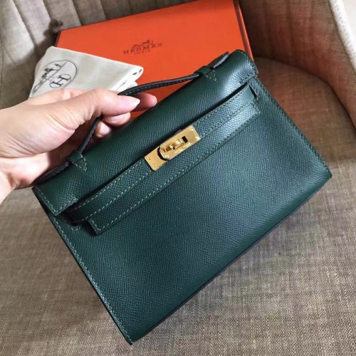 Hermes Kelly Pochette Clutch Bag Emerald Toned Malachite Epsom Gold