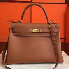 Hermes Brown Swift Kelly Retourne 32cm Handmade Bag