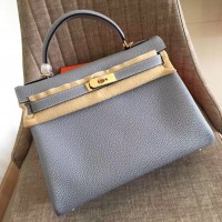 Hermes Blue Lin Clemence Kelly Retourne 32cm Handmade Bag Hermes Blue Lin Clemence Kelly Retourne 32cm Handmade Bag