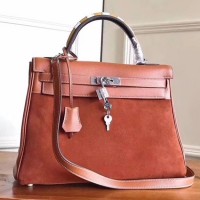 Hermes Brown Suede Kelly 32cm Bag With Zigzag Handle Hermes Brown Suede Kelly 32cm Bag With Zigzag Handle