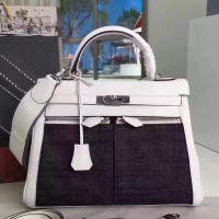Hermes White Kelly Lakis 32cm Toile and Swift Bag Hermes White Kelly Lakis 32cm Toile and Swift Bag