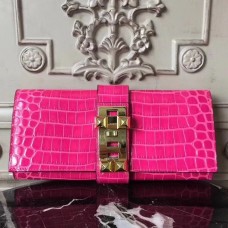 Hermes Medor Clutch Bag In Rose Red Crocodile Leather