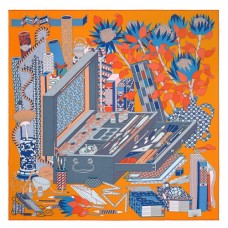 Hermes Orange Les tresors d'un Artiste Silk Scarf