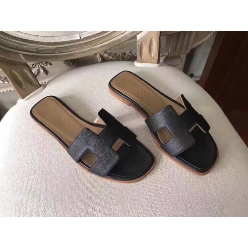 Hermes Oran Sandals Black Epsom Leather Size 37 - Wornright