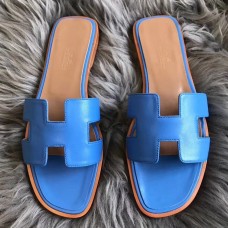 Hermes Oran Sandals In Blue Swift Leather