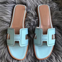 Hermes Oran Perforated Sandals In Blue Atoll Epsom Leather Hermes Oran Perforated Sandals In Blue Atoll Epsom Leather
