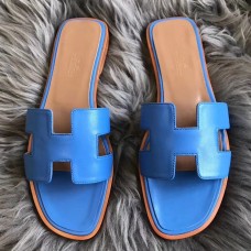 Hermes Oran Sandals In Blue Swift Leather Hermes Oran Sandals In Blue Swift Leather