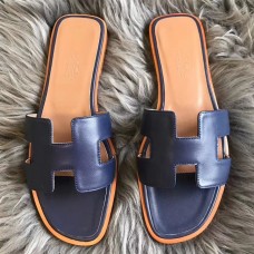Hermes Oran Sandals In Navy Swift Leather Hermes Oran Sandals In Navy Swift Leather