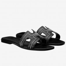 Hermes Oran Studs Sandals In Black Leather Hermes Oran Studs Sandals In Black Leather