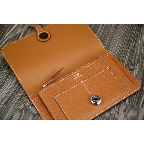 Hermès HERMES DOGON COMPACT WALLET IN BROWN GRAINED LEATHER BROWN