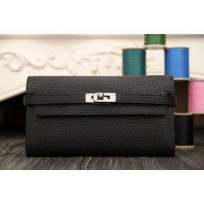 Hermes Kelly Longue Wallet In Black Clemence Leather