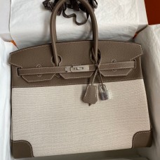 Hermes Birkin 35 Handmade Bag In Toile & Taupe Clemence Leather Hermes Birkin 35 Handmade Bag In Toile & Taupe Clemence Leather