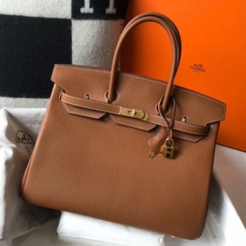 Hermes Gold Brown Clemence Grained Leather Birkin 30cm Bag and