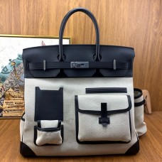 Hermes HAC Cargo Birkin 40 Handmade Bag in Toile with Black Leather Hermes HAC Cargo Birkin 40 Handmade Bag in Toile with Black Leather