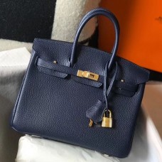 Hermes Navy Blue Clemence Birkin 25cm Handmade Bag