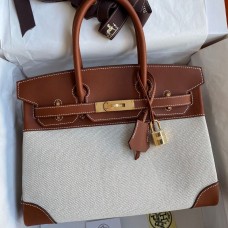 Hermes Birkin 30CM Handmade Bag In Toile & Gold Swift Leather Hermes Birkin 30CM Handmade Bag In Toile & Gold Swift Leather