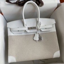 Hermes Birkin 35 Handmade Bag In Toile & White Clemence Leather Hermes Birkin 35 Handmade Bag In Toile & White Clemence Leather