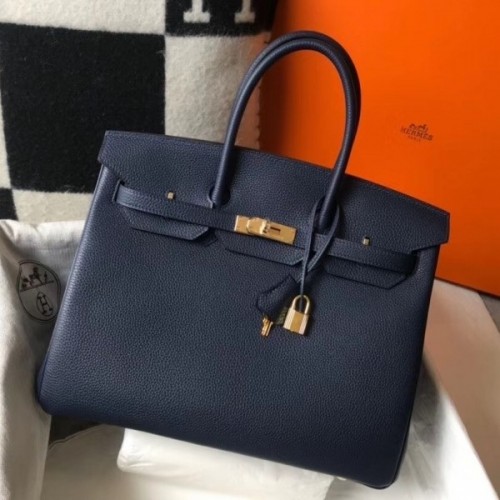 Authentic Hermes Blue Paradis Taurillon Clemence Leather 35cm Birkin Bag  GHW