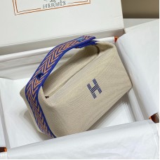 Hermes Bride-a-Brac Large Case in Ecru Canvas with Blue Electric Zigzag Motifs