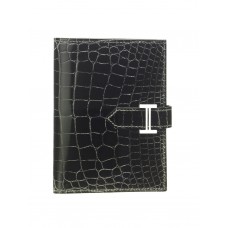 Hermes classic crocodile pattern H buckle two-fold short women wallet black