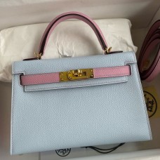 Hermes Kelly Mini II Sellier Bicolor Handmade Bag in Blue Brume and Mauve Sylvestre Epsom Calfskin
