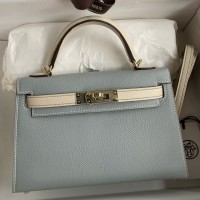 Hermes Kelly Mini II Sellier Bicolor Handmade Bag in Blue Lin and Craie Epsom Calfskin