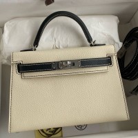 Hermes Kelly Mini II Sellier Bicolor Handmade Bag in Nata and Black Epsom Calfskin