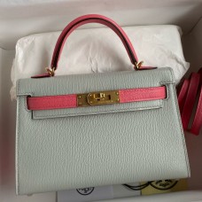 Hermes Kelly Mini II Sellier Bicolor Handmade Bag in Pearl Grey and Rose Azalee Chevre Mysore Leather Hermes Kelly Mini II Sellier Bicolor Handmade Bag in Pearl Grey and Rose Azalee Chevre Mysore Leather