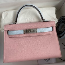 Hermes Kelly Mini II Sellier Bicolor Handmade Bag in Rose Sakura and Blue Brume Epsom Calfskin Hermes Kelly Mini II Sellier Bicolor Handmade Bag in Rose Sakura and Blue Brume Epsom Calfskin