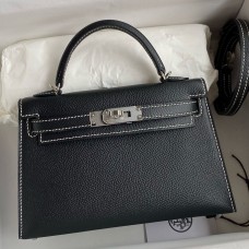 Hermes Kelly Mini II Sellier Verso Handmade Bag in Black and Blue Brume Epsom Calfskin Hermes Kelly Mini II Sellier Verso Handmade Bag in Black and Blue Brume Epsom Calfskin