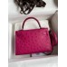 Hermes Kelly Mini II Sellier Handmade Bag In Rose Red Ostrich Leather