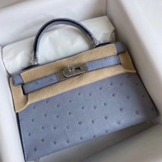 Hermes Kelly Mini II Sellier Handmade Bag In Blue Lin Ostrich Leather