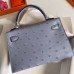 Hermes Kelly Mini II Sellier Handmade Bag In Blue Lin Ostrich Leather