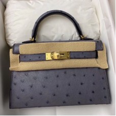 Hermes Kelly Mini II Sellier Handmade Bag In Gris Agate Ostrich Leather