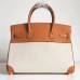 Hermes Canvas Birkin 30cm 35cm Bag With Brown Clemence Leather