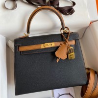 Hermes Kelly Sellier 25 Bicolor Bag in Black and Gold Epsom Calfskin Hermes Kelly Sellier 25 Bicolor Bag in Black and Gold Epsom Calfskin