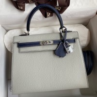 Hermes Kelly Sellier 25 Bicolor Bag in Pearl Grey and Blue Mysore Goatskin Hermes Kelly Sellier 25 Bicolor Bag in Pearl Grey and Blue Mysore Goatskin