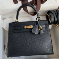 Hermes Kelly Sellier 25 Handmade Bag In Black Ostrich Leather Hermes Kelly Sellier 25 Handmade Bag In Black Ostrich Leather