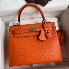 Hermes Kelly Sellier 25 Handmade Bag In Orange Ostrich Leather Hermes Kelly Sellier 25 Handmade Bag In Orange Ostrich Leather